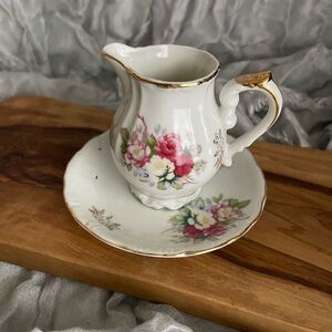 Royal Crown 1147 Gray & Pink Flowers, Gold Floral Creamer and Saucer